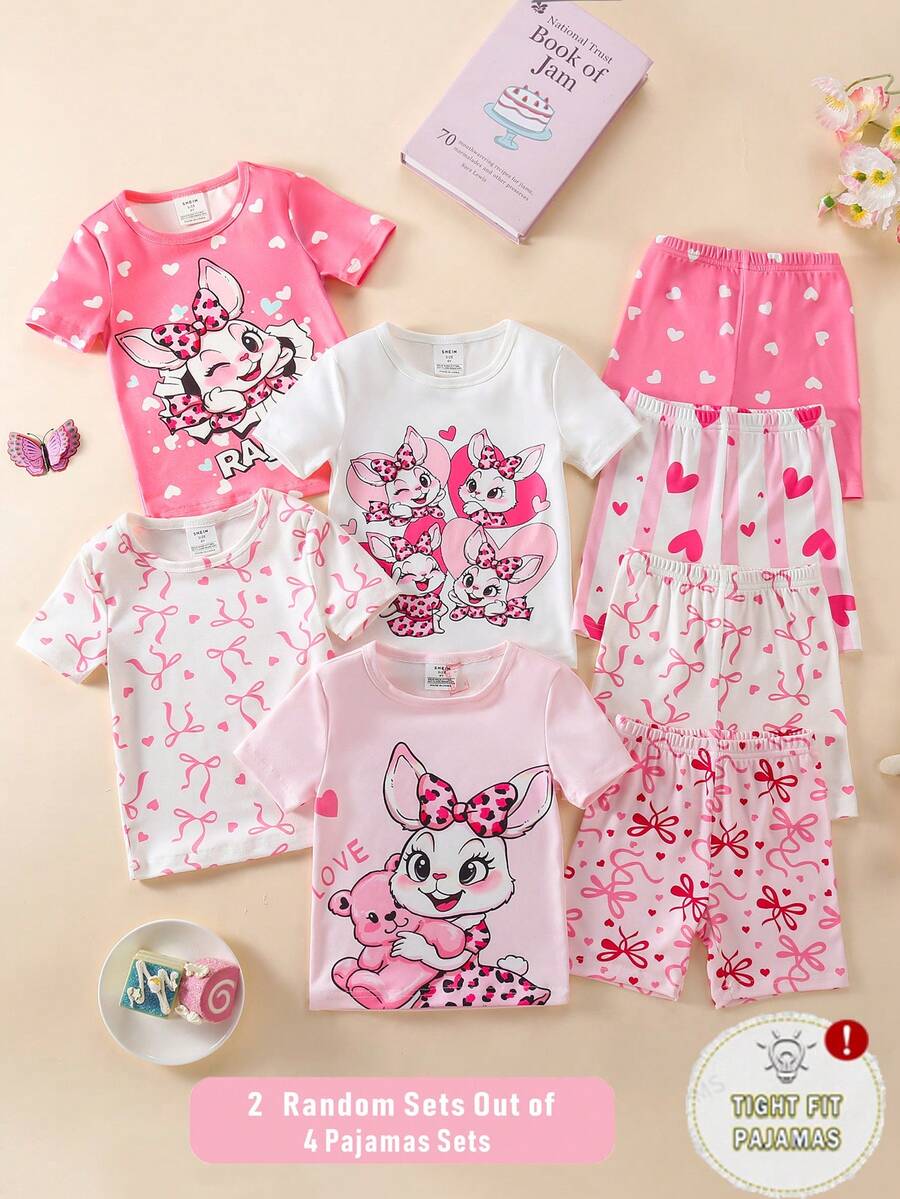 SHEIN GraphicGems 4pcs/Set Young Girl' Round Neck Short Sleeve Shorts Snug Fit Cute Rabbit, Heart, Bow Decor Soft Comfortable Pajamas, Suitable For Bestie Gift, Self-Gift - Multicolor - View 1