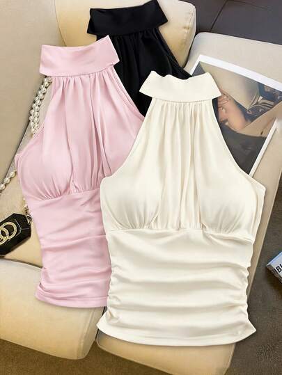 SHEIN Franclia Camiseta sin mangas elegante y de moda para mujer con sujetador incorporado, versátil top de cuello halter, para verano