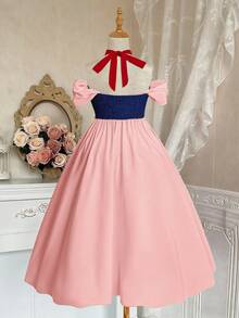 Sweetra Đầm dự tiệc cocktail, đi nghỉ mát, hẹn hò, cổ yếm, thắt nơ, chất liệu jacquard phối màu tương phản, tay dài, kiểu dáng thanh lịch, ngọt ngào, công chúa dành cho nữ. - Hồng - Xem 2