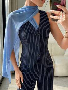 Modelyn Bộ đồ 2 món dành cho nữ: Áo vest kẻ sọc cổ buộc nơ và quần ôm dáng. - Rửa tối - Xem 5