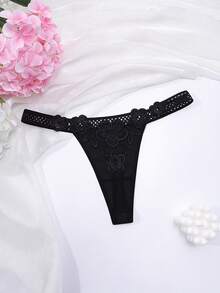 刺绣花卉三角裤，优雅迷人性感女士丁字裤 - 黑色 - 查看 5
