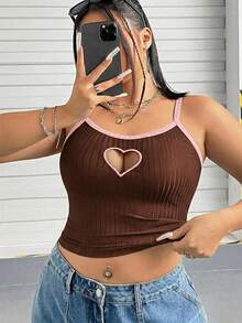 SHEIN EZwear Áo hai dây và áo tank top cỡ lớn màu nâu và hồng, họa tiết trái tim đan xen, thêu ren rỗng, thích hợp cho mùa xuân/hè, ngày Valentine. - màu nâu - Xem 9