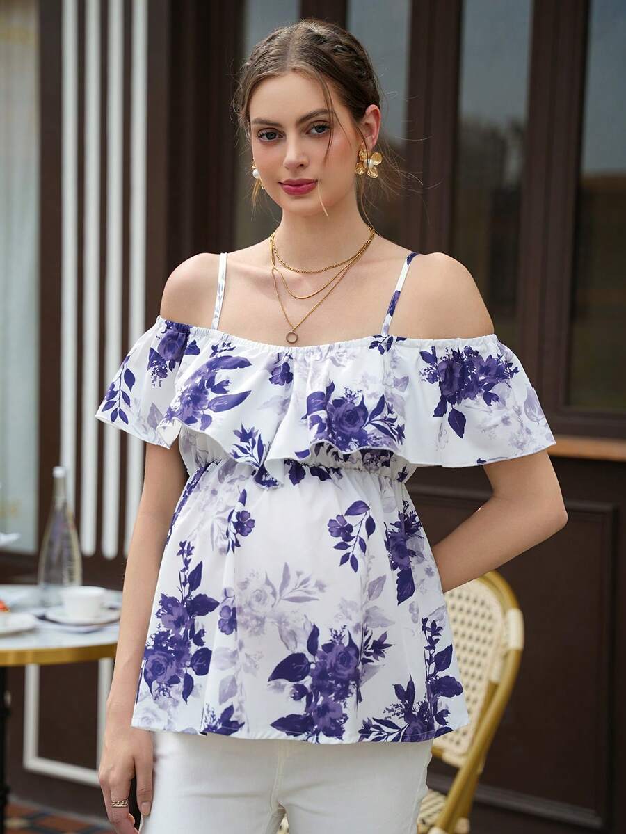 Momance 孕妇吊带背心，露肩荷叶边下摆，松紧腰A字下摆，数码印花衬衫 - 淡紫色 - 查看 1