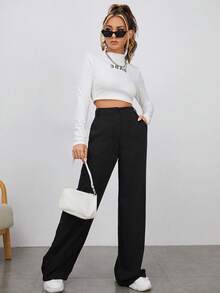 EURMUSE Petite Petite Größe Damen Highwaist schwarze einfarbige lange Lässig Hose mit Taschenelementen - Schwarz - Übersicht 4