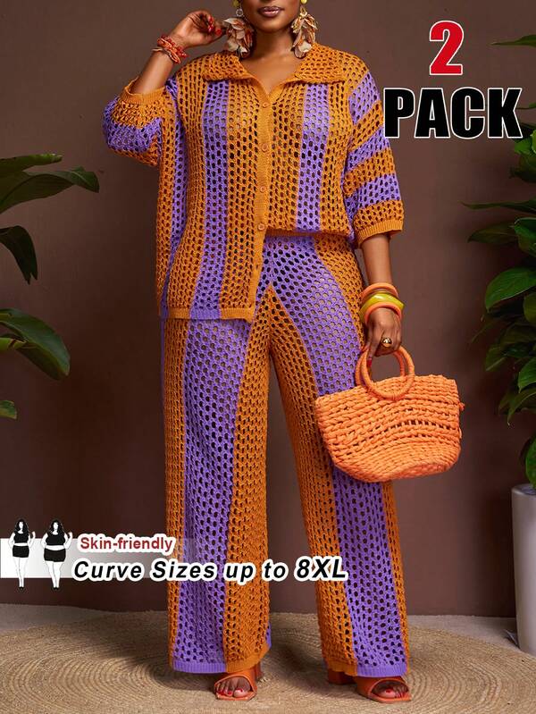 SHEIN CURVE+ Plus Size Vacation Casual Colorblock Striped Hollow-Out Knit Cardigan & Pants Set