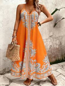 Breezaya Plus Size Women's Loose Casual Orange Floral Print Spaghetti Strap Dress,Summer Boho Vacation Holiday Bohemian Beach Beach Vacation Outfit Resort - Orange - View 7