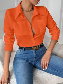 SHEIN Essnce 女式休闲领口袋修身白色长袖衬衫 - 橘色 - 查看 3