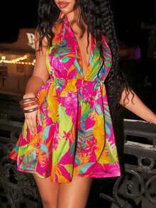 Slaydiva Women's Spring/Summer Printed Halter Waist-Cinched Wide-Leg Shorts Jumpsuit With Cover-Up - Red - View 3