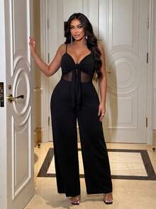 NU&NOW 大码女式性感高弹网纱拼接直筒裤，吊带前系带连体裤，适合派对和外出穿着 - 黑色 - 查看 1