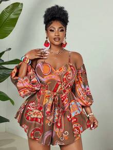 Maweii Plus Size Digital Print Elegant Off-Shoulder Backless Jumpsuit - Brown - View 6