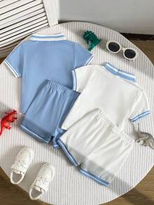 Souflis Souflis Conjunto de polo de manga corta con rayas irregulares y pantalones cortos con bordado adorable de oso para bebé niño, adecuado para el verano - Azul y blanco - Ver 2