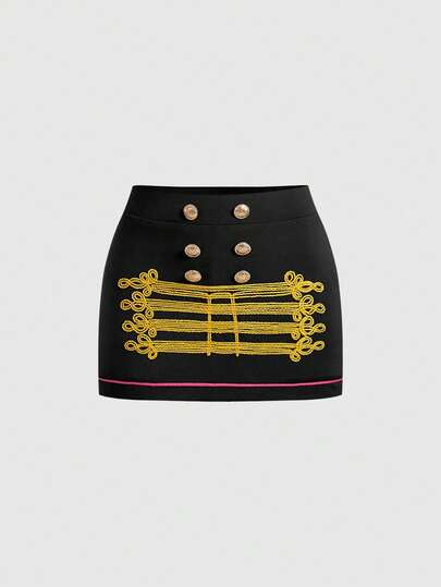 ROMWE Grunge Punk Trang phục mùa hè dự lễ hội nhạc Punk, chân váy mini cạp siêu thấp thêu họa tiết Napoleon màu xanh hải quân với khóa kim loại.