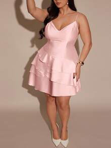 SHEIN BAE Plus Size Women's Autumn/Winter Satin Asymmetrical Hem Adjustable Strap Backless Shawl Collar Dress - Pink - View 4