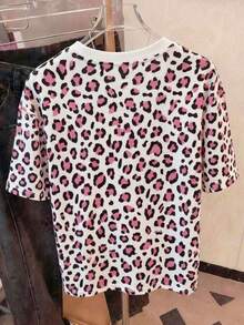 Camiseta de cuello redondo de manga corta con ajuste regular y estampado digital de leopardo para mujer, regalo para amigos - Blanco 2 - Ver 4