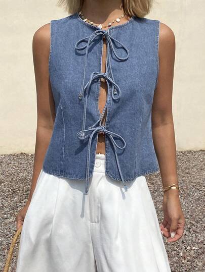 DAZY Women's Casual Tie-Up Sleeveless Denim Blouse