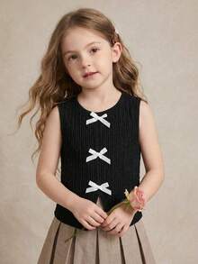 Young Girl Round Neck Color Block Bowknot Split Back Sleeveless Knit Tank Top,Cute Vintage Fashion Black Summer First Birthday Mom&Daughter Matching - Black - View 7