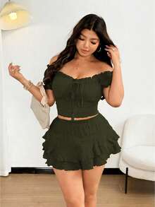 Vionelle Sexy Top mit Schulterausschnitt und Shorts Set in Große Größen, Schleifendekor, lässiger Strandurlaubs-Outfit - Armeegrün - Übersicht 1