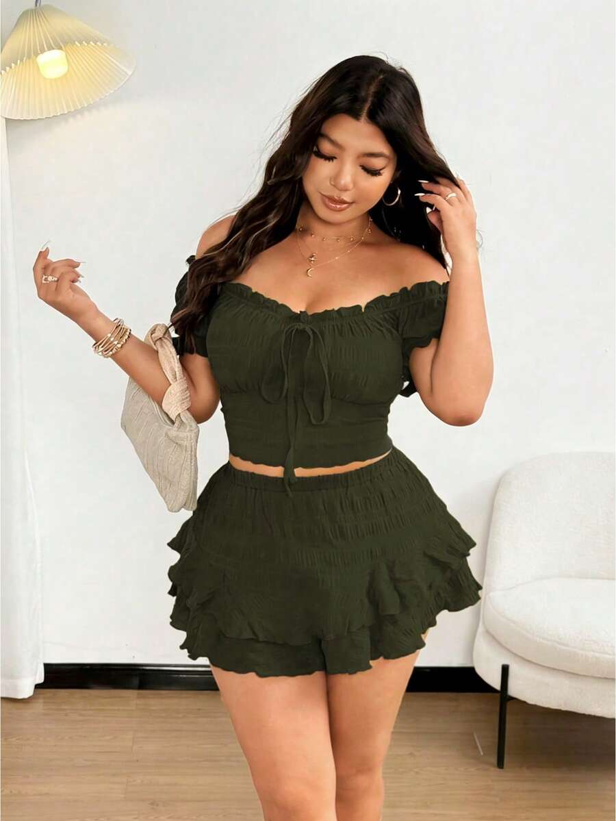 Vionelle Sexy Top mit Schulterausschnitt und Shorts Set in Große Größen, Schleifendekor, lässiger Strandurlaubs-Outfit - Armeegrün - Übersicht 1