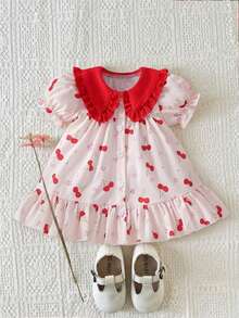 SHEIN Newborn Cute Cartoon Heart Pattern Suspender Bow Decor Princess Dress, Suitable For Spring/Summer Outings, Vacations And Parties - Brown - View 8