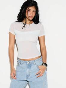 KIZN Women's Ribbed Short Sleeve Crew Neck T-Shirt Semi-Sheer Fitted White Casual Sexy Basic Summer Everyday Wardrobe Essential Golf - White - View 5