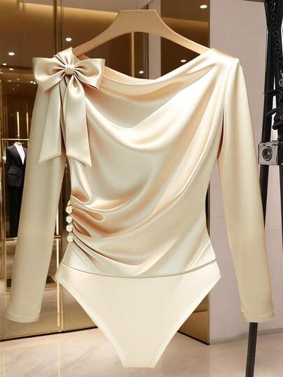 Franclia Plus Size Women's French Style Casual Elegant Long Sleeve Bodysuit