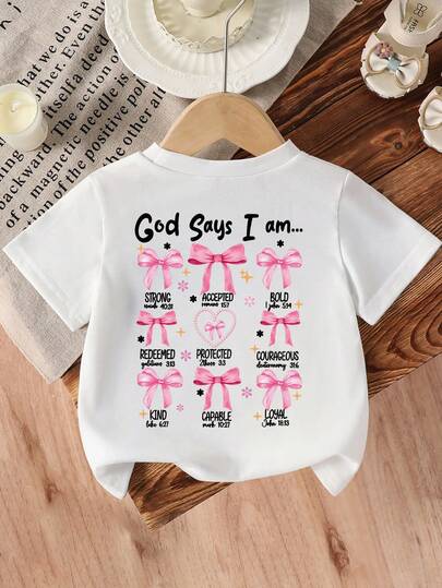 SHEIN Explorewe 1 chiếc áo thun ngắn tay cổ tròn in hình nơ và chữ cái tối giản, kiểu dáng thường ngày bán chạy nhất dành cho bé gái, thích hợp mặc mùa xuân đến hè.