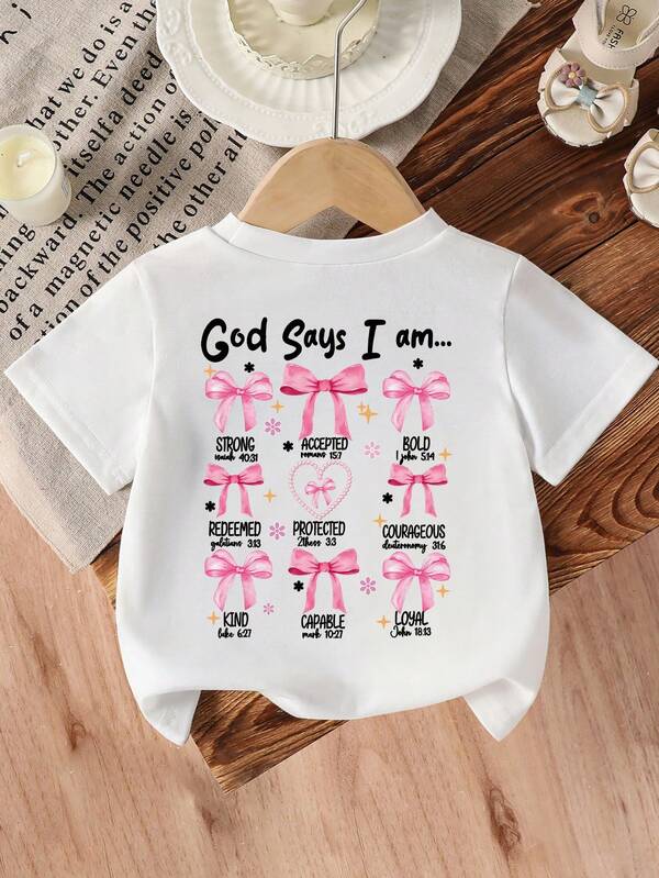 SHEIN Explorewe 1pc Baby Girls' Casual Bestselling Bow & Letter Print Minimalist Short Sleeve Knit Crew Neck T-Shirt, Spring To Summer