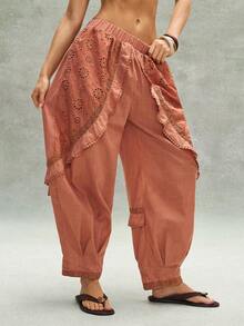 Bohemela Quần dài nữ phong cách Bohemian mùa hè giản dị và thoải mái, hoàn hảo cho thời trang đường phố, kỳ nghỉ và các lễ hội âm nhạc miền Tây. Quần dài dệt màu trơn phong cách Bohemian với chi tiết bèo nhún kiểu La Mã, các mảng vải thêu thủ công và kiểu dáng rộng rãi, thoải mái. - trái cam - Xem 2
