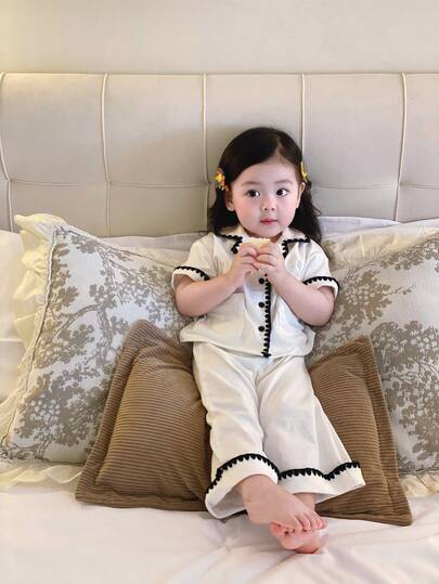 Dazy Kids 女童翻领撞色条纹韩版舒适衬衫和宽松裤子两件套睡衣