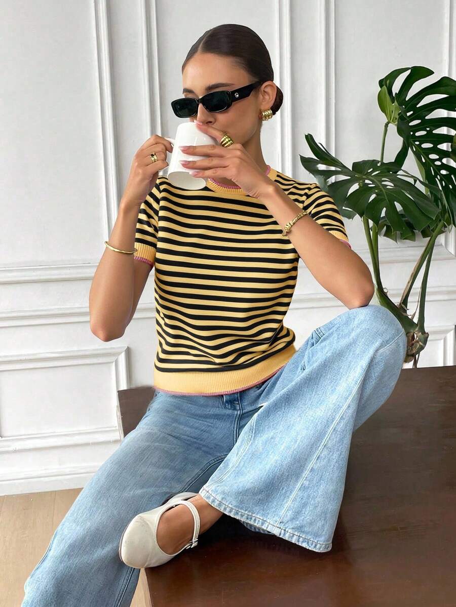Serisse Blusa de punto de manga corta con estampado de bloques de color y rayas para uso casual y de oficina - Amarillo - Ver 1