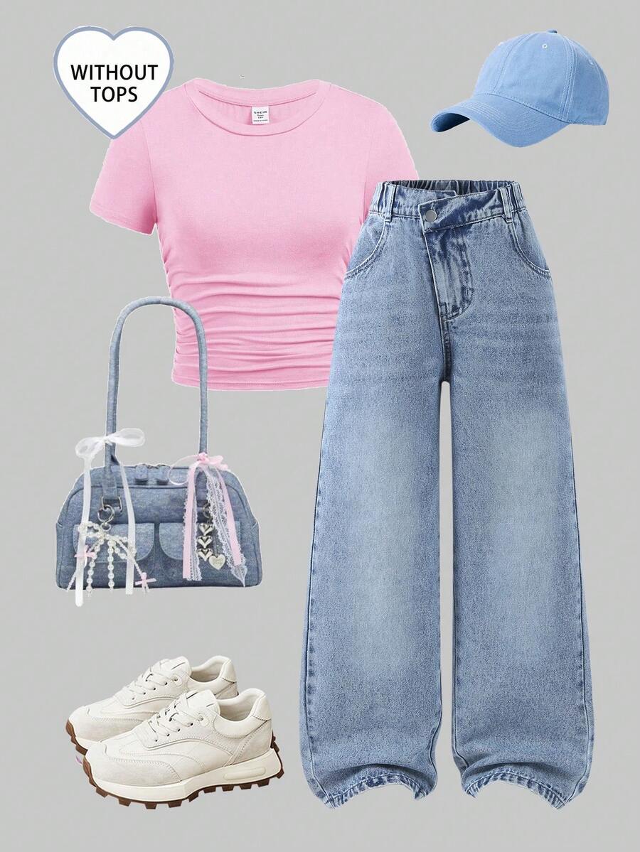 Tween Girl Y2K Style Vintage Washed Blue Asymmetric Waist Loose Wide Leg Jeans, Suitable For Everyday Wear Summer