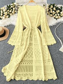 Franclia Plus Size Women's Solid Color Beach Resort Romantic Crochet Net Drawstring Tie Bow Cardigan Western Wear - Yellow - View 1