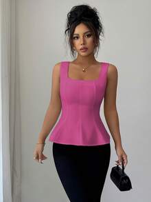 Elenzga Women's Elegant Square Neck Sleeveless Blouse, Suitable For Office, Commute, Afternoon Tea, Party, Vacation And Casual Occasions - Hot Pink - View 5