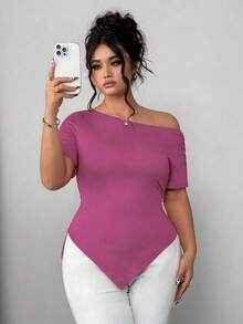 Elenzga Plus Size Women's Summer Asymmetric Shoulder Ruched Asymmetrical Hem Elegant Chic Commute Short Sleeve T-Shirt - Hot Pink - View 4
