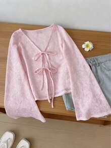 K-Vae Women's Casual Elegant Jacquard Knit Tie Cuff Flare Sleeve Top, Slimming Knit Sweater Blouse - Pink - View 1