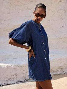 Maija Đầm denim tay phồng xếp ly cài cúc đơn dành cho nữ, thích hợp cho kỳ nghỉ, du lịch. - Rửa tối - Xem 8