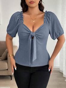 Easura Camiseta de manga corta con escote de corazón y recorte en talla grande de unicolor - Azul - Ver 6