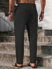 VENTUSAIL Pantalones lisos con cordón en la cintura, pantalones largos entallados de lino, lisos y frescos para salir, otoño - Negro - Ver 2