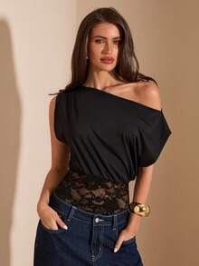 SHEIN BAE 女士黑色蕾丝拼接不对称肩部连体衣 - 黑色 - 查看 4