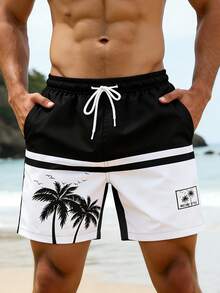 Manfinity Swimmode Men's Black Summer Casual Beach Holiday Vacation Printed Shorts,Elastic Waist Drawstring Tropical Swim Trunks,Outdoor Sports Bathing Suits Board Wear - Multicolor - View 5