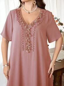 Lacomfia Women's Shell Tassel Decor Short Sleeve Loose Ruffle Hem Elegant Plus Size Dress - Pink - View 4