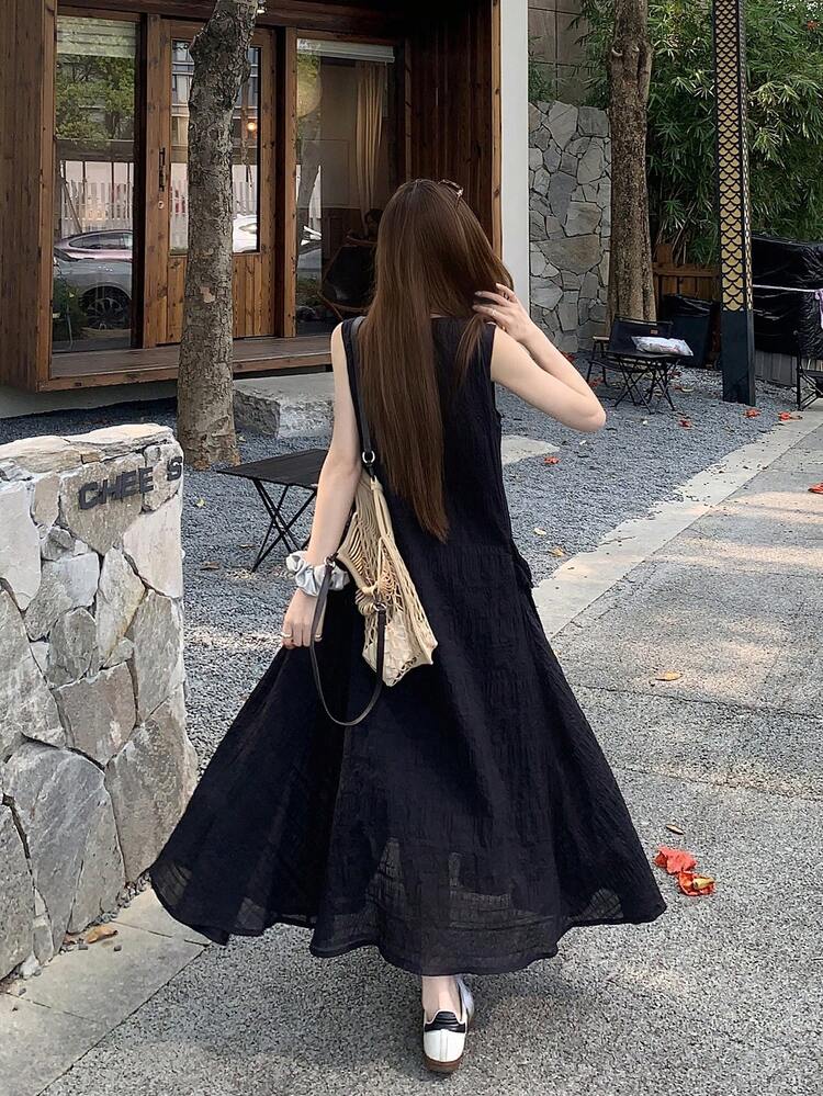 Women's Round Neck Korean Style Sleeveless Casual Mid-Length Dress