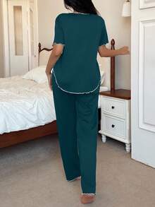Napfluff Minimalist Casual V-Neck Front Long Back Short Design Contrast Color Stripe White Bow Decor Black Soft Thin Milk Silk Fabric Pajama Set - Dark Green - View 2