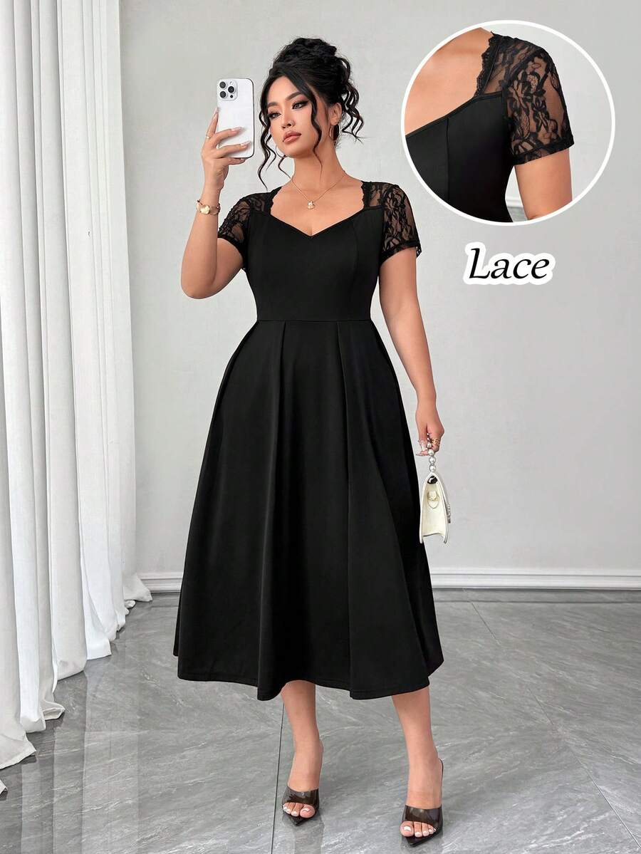 SHEIN Elenzya Plus Size Lace Patchwork Black Summer Elegant Formal Dress, Date Night Party Waist Versatile Chic Tea Ankle Length Midi Cocktail - Black - View 1