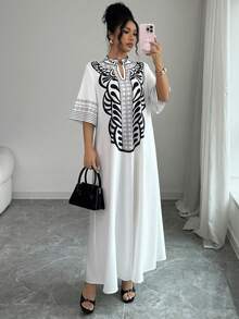 Selianne Boho White Long A Line Dress For Women Striped Pattern Notched Neckline Short Sleeve Fabric Material - White - View 3