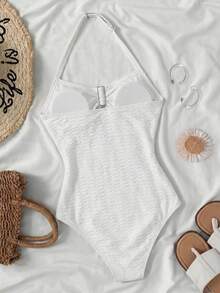 SHEIN 少女米色挂脖泳衣，2026春夏新款，休闲沙滩度假时尚 - 白色 - 查看 2