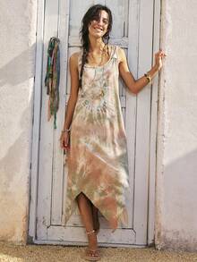SoleilVie Women's Bohemian Tie-Dye Sleeveless Dress, Hollow Neckline Asymmetrical Hem Loose Casual Sleeveless Asymmetrical Hem Vacation Dress - Multicolor - View 7