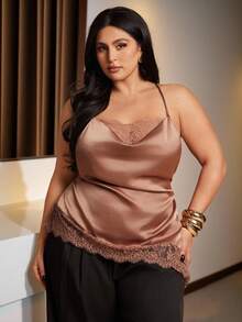 SHEIN BAE Regata Elegante de Cor Sólida com Renda Assimétrica em Contraste, Plus Size - Champanhe - Visão 9
