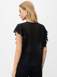 BizChic 女士V领荷叶边袖口衬衫，都市通勤办公商务休闲优雅女士正式衬衫上衣 - 黑色 - 查看 9