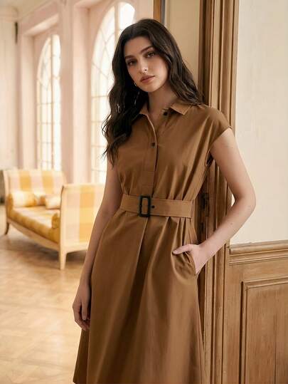 BizChic 棕色 Polo 领半拉链腰带设计侧袋连衣裙，优雅都市通勤日常浪漫 90 年代复古风，适合圣诞节、新年、情人节、派对、海滩、毕业典礼等场合，百搭简约，浪漫百搭，适合婚礼宾客、主人、约会、派对、音乐会、早午餐、机场等多种场合。